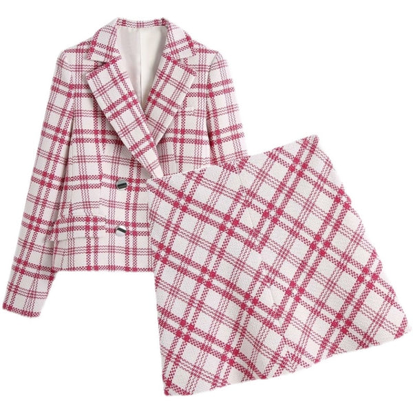 2022 spring small fragrant wind woolen plaid texture woven small coat + skirt suit female