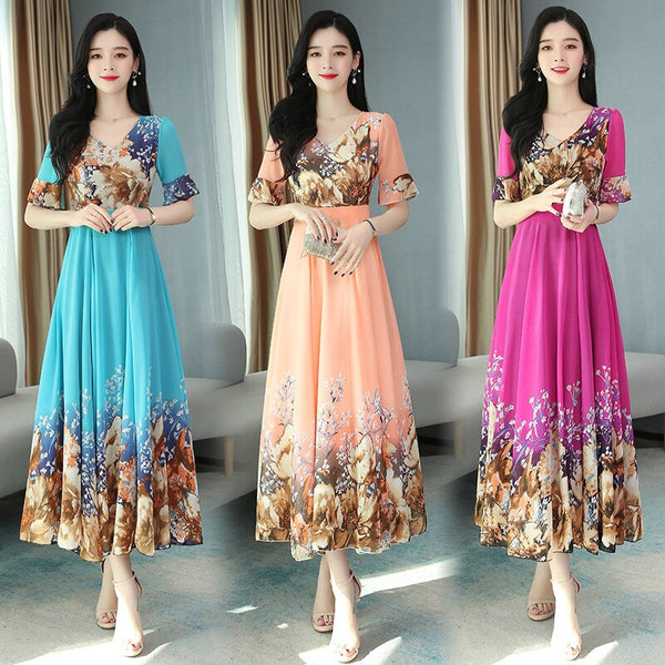 2022 summer Chiffon print dress super slim waist beach skirt over knee super long skirt
