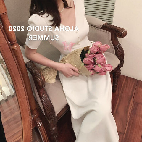 2022 summer front and back Hepburn dress elegant square neck short sleeve medium length A-line skirt