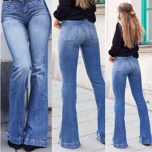 2022 summer ladies jeans patch pockets sexy thin wide-leg flared pants trousers women