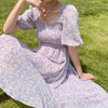 2022 summer style bubble sleeve high waist show thin flower open Pinellia purple flower medium length dress female