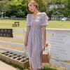 2022 summer style bubble sleeve high waist show thin flower open Pinellia purple flower medium length dress female