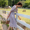 2022 summer style bubble sleeve high waist show thin flower open Pinellia purple flower medium length dress female