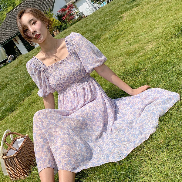 2022 summer style bubble sleeve high waist show thin flower open Pinellia purple flower medium length dress female