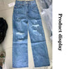 2022 women stretch straight Ripped Jeans Washed full length High waist straight denim pants pocket vintage loose Hole Trousers