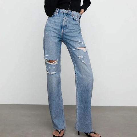 2022 women stretch straight Ripped Jeans Washed full length High waist straight denim pants pocket vintage loose Hole Trousers
