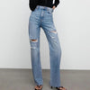 2022 women stretch straight Ripped Jeans Washed full length High waist straight denim pants pocket vintage loose Hole Trousers