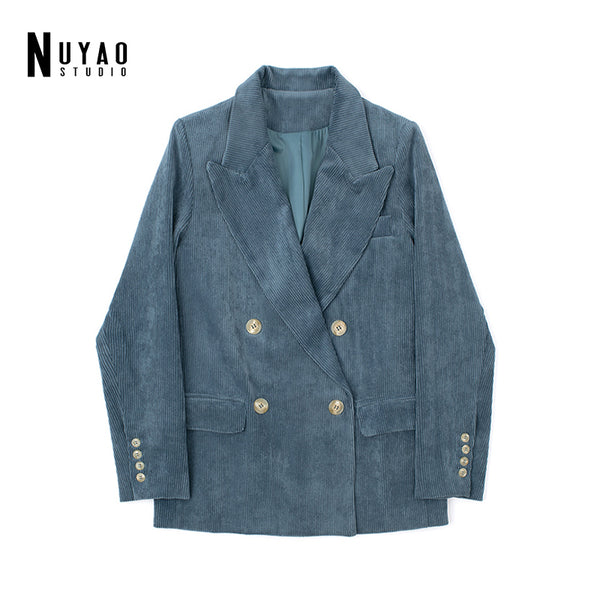 2023Autumn Loose Blazer Women Retro Full Sleeves Double Breasted Cozy Korean Style Corduroy All Match Cool Female Street Striped
