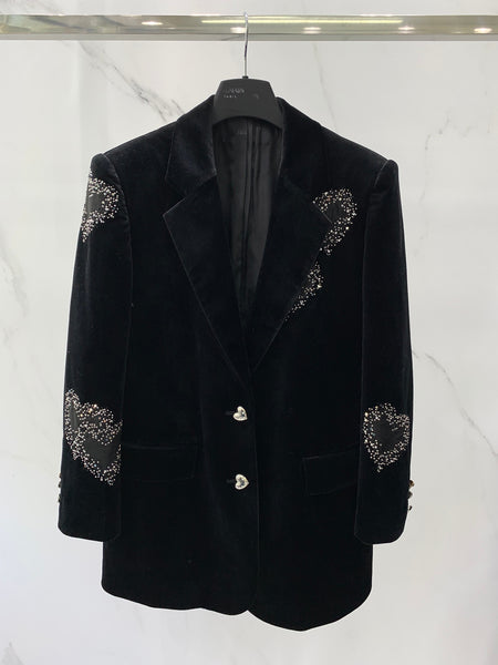 2022FW Autumn Women  Black Velvet Heart Pattern Beading Blazer Jacket Female Casual Coat Gdnz 10.30