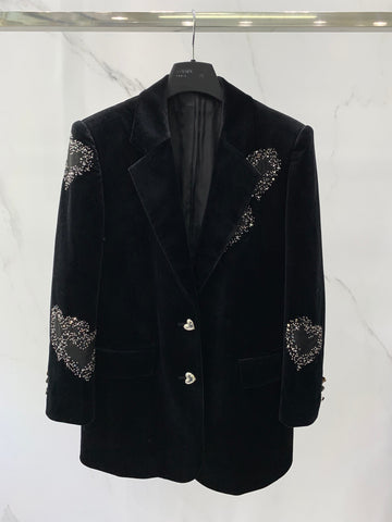 2022FW Autumn Women  Black Velvet Heart Pattern Beading Blazer Jacket Female Casual Coat Gdnz 10.30