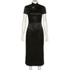 2022Gothic Black Women Mandarin Neck Short Sleeve Slim Side High Split Cheongsam Goth Female Dark Embroidery Party Bodycon Dress