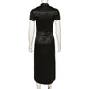 2022Gothic Black Women Mandarin Neck Short Sleeve Slim Side High Split Cheongsam Goth Female Dark Embroidery Party Bodycon Dress
