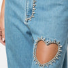 2022blue rhinestone love hollow high waist jeans, autumn niche all-match one-leg love hollow wide-leg pants women
