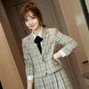 2023SS Female Elegant Women's Pleated Skirt Suit Gray Plaid Blazer Bussiness Jacket Office Lady 2 Pieces Set Plus Size S-4XL