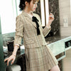2023SS Female Elegant Women's Pleated Skirt Suit Gray Plaid Blazer Bussiness Jacket Office Lady 2 Pieces Set Plus Size S-4XL