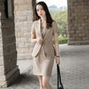 2023SS Female Elegant Women's Skirt Suit Gray Apricot Slim Blazer Bussiness Jacket Office Lady 2 Pieces Set Plus Size S-4XL