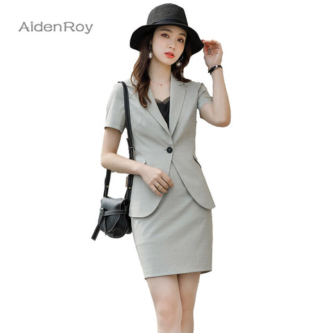 2023SS Female Elegant Women's Skirt Suit Gray Apricot Slim Blazer Bussiness Jacket Office Lady 2 Pieces Set Plus Size S-4XL