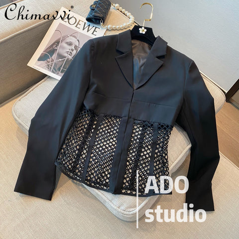 2022autumn and Winter Sexy Elegant Notched Black Suit Jacket Women's Loose Casual Hollow-out Blazer Coat