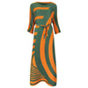 2022autumn women's pleatedPrinted dress Miyak fold plus size loose three-quarter sleeves round neck tie long Party dress