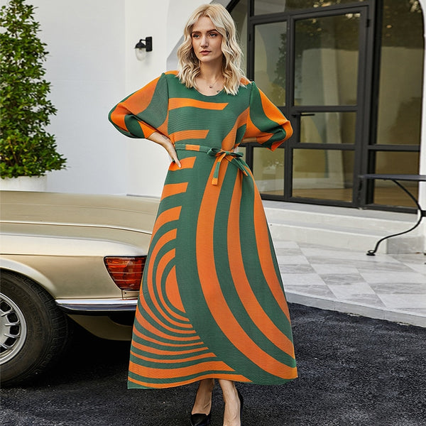 2022autumn women's pleatedPrinted dress Miyak fold plus size loose three-quarter sleeves round neck tie long Party dress