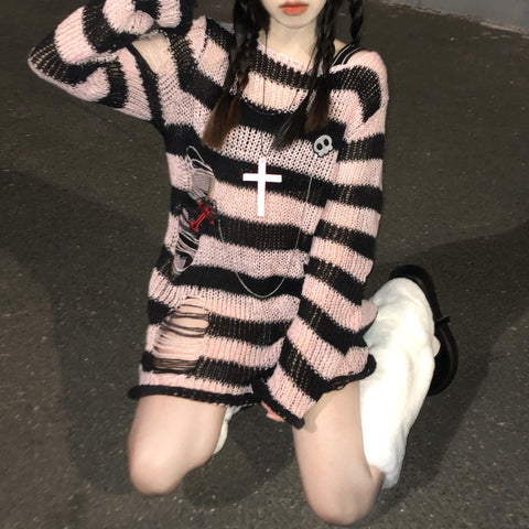 2023 Aesthetic Pink Striped Gothic Sweaters Women Ripped Holes Loose Knitted Pullover Fairy Grunge Lolita Jumpers Emo Streetwear