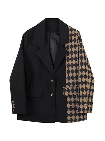 2023 Autumn Black Patchwork Plaid Blazer Korean Boyfriend Style Ladies Contrast Color Suit Coat Femme Baggy Outwear