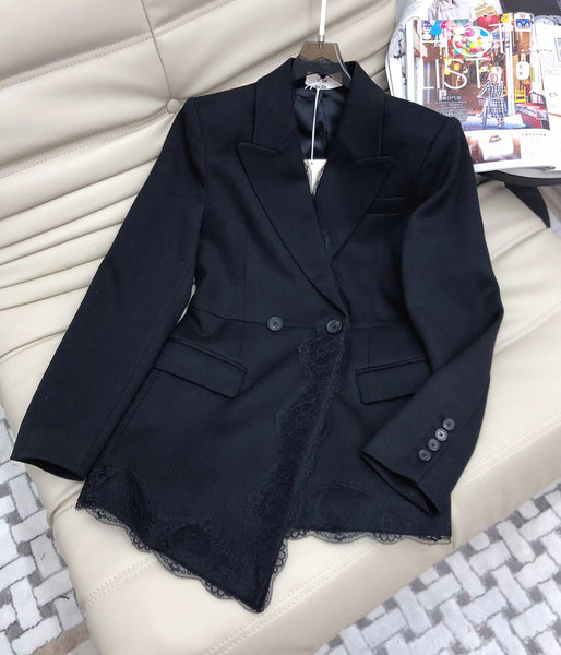 2023 Autumn Double Breasted Lace Decorated Wool Blend Elegant Formal Black Blazer