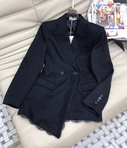 2023 Autumn Double Breasted Lace Decorated Wool Blend Elegant Formal Black Blazer