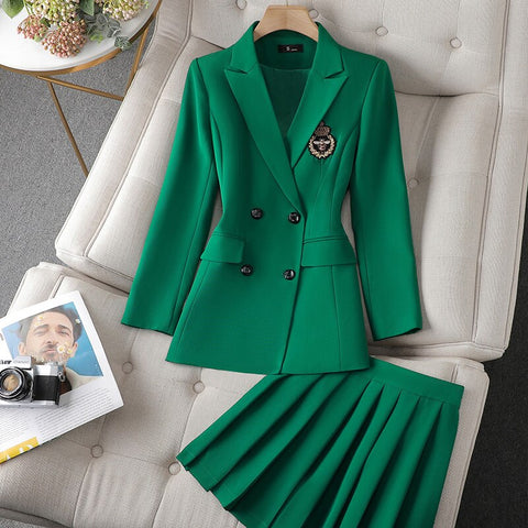 2023 Autumn Formal Ladies Green  Blazer Women Business Suits with Sets Work Wear Office Uniform Large Size Skirt Jacket