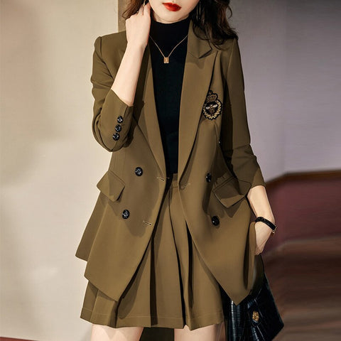 2023 Autumn Formal Ladies Khaki  Blazer Women Business Suits with Sets Work Wear Office Uniform Large Size Skirt Jacket