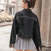 2023 Autumn Harajuku Gothic Womens Black Denim Jacket Full Sleeve Loose Button Rivet Short Lapel Casual Long Sleeve Denim Coats