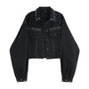 2023 Autumn Harajuku Gothic Womens Black Denim Jacket Full Sleeve Loose Button Rivet Short Lapel Casual Long Sleeve Denim Coats
