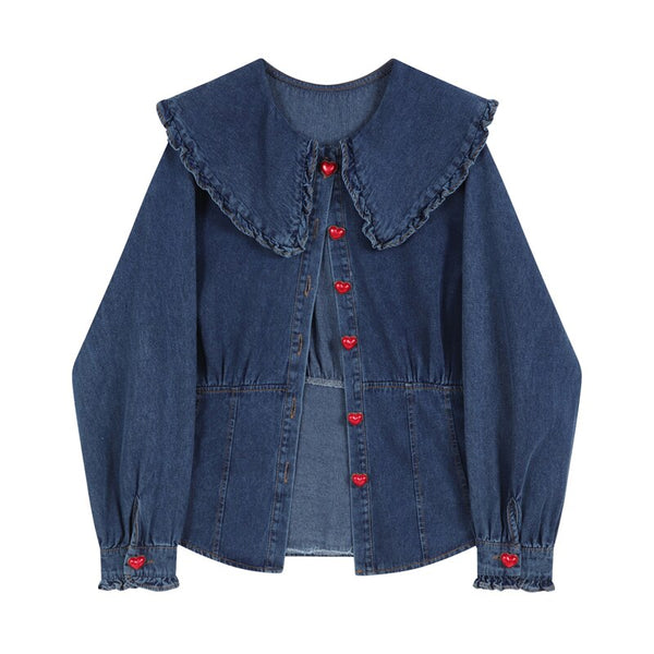 2023 Autumn Kawaii Denim Shirt Coat Women Peter Pan Collar Long Sleeve Pocket Cardigan Jean Jacket Harajuku Cowboy Outwear Tops