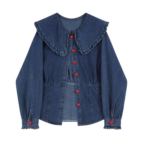 2023 Autumn Kawaii Denim Shirt Coat Women Peter Pan Collar Long Sleeve Pocket Cardigan Jean Jacket Harajuku Cowboy Outwear Tops