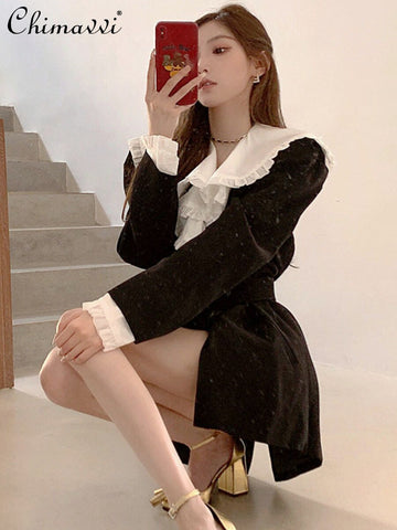 2023 Autumn All-Match Solid Color Belt Slim Waist Suit Jacket Women's Ruffled Collar Casual Loose Suit Jacket Female