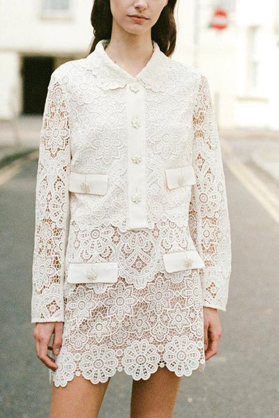 2023 Autumn Doll Collar Water Soluble Flower Lace Embroidery Short Coat+ High Waist A-line Skirts Set