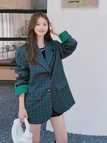 2023 Autumn Women Plaid Blazer Jacket Vintage Elegant Long Sleeve Single Breasted Casual Loose Korean Style Suit Coat 9917