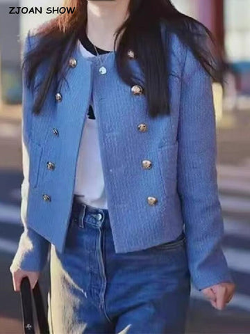 2023 Autumn O neck Soft Woolen Tweed Blazer Cropped Vintage Women Double Breasted Buttons Full Sleeve Short Suit Elegant Coat
