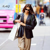 2023 Autumn Star The Same Women Temperament PU Leather Long-Sleeved Notched Single-Breasted Slit High Street Suit Jacket