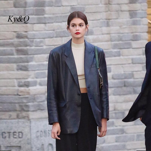 2023 Autumn Star The Same Women Temperament PU Leather Long-Sleeved Notched Single-Breasted Slit High Street Suit Jacket