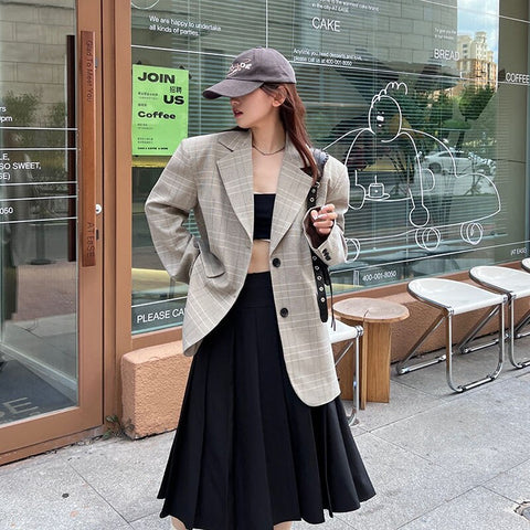 2023 Autumn Vintage Women Beige Plaid Blazers Korean Turn-down Collar Long Sleeve Loose Casual Female Suit Jacket Chaqueta Mujer