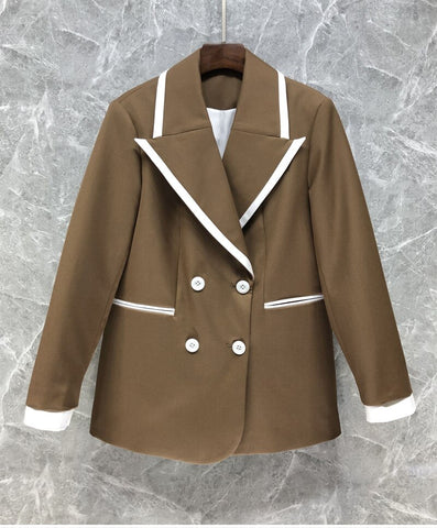2023 Autumn Winter Blazer Coats  Women Notched Collar Color Block Patchwork Long Sleeve Casual Khaki Blazers