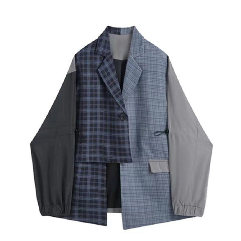 2023 Autumn Winter Plaid Blazer Women Patchwork Coat Casual Streetwear Asymmetrical Female Jacket Outerwear Chic Suit