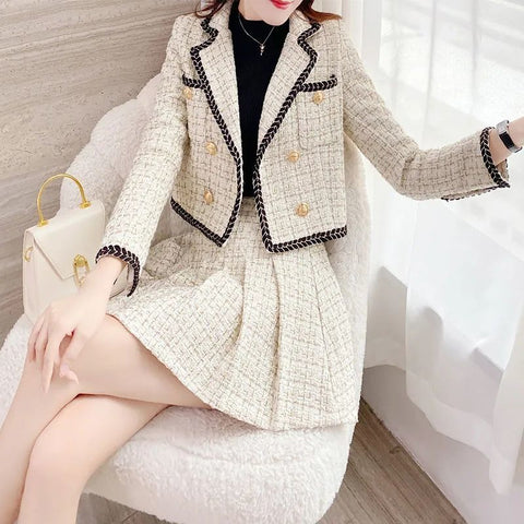 2023 Autumn Winter Suit Jacket Short Skirt Set Women's Korean Elegant Casual Blazers Coat Pleated Mini Skirts Two Piece