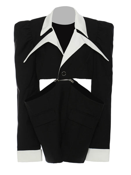 2023 Autumn Winter Trend Blazer Women Party Lapel Long Sleeve Single Button Hollow Out Loose Jacket Black