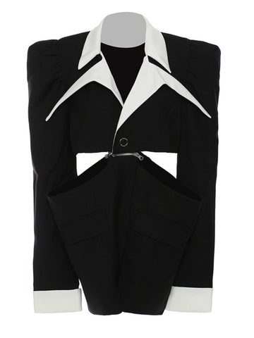 2023 Autumn Winter Trend Blazer Women Party Lapel Long Sleeve Single Button Hollow Out Loose Jacket Black