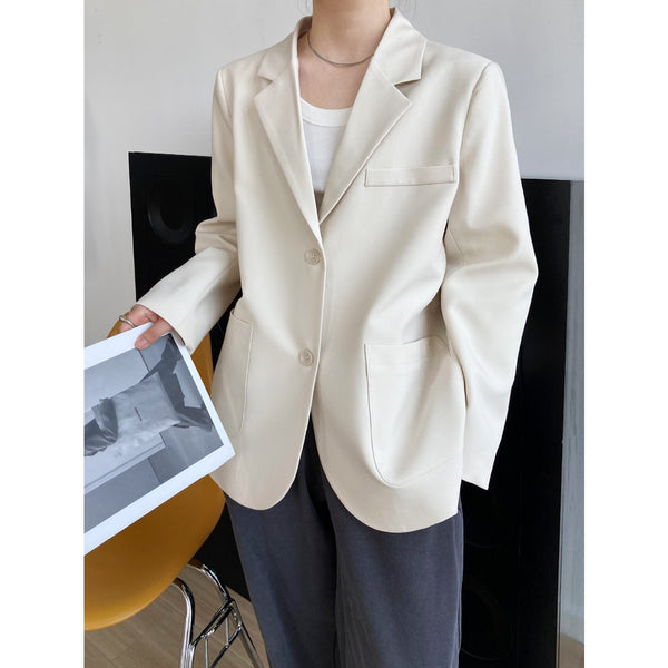 2023 Autumn Winter Women Beige Blazer Dual Pocket Long Sleeve Elegant Korean Style Slim Jacket Coat