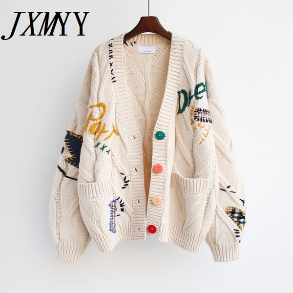 2023 Autumn Winter Women Cardigan Warm Knitted Sweater Jacket Pocket Embroidery Knit Cardigans Coat Lady Loose Sweaters