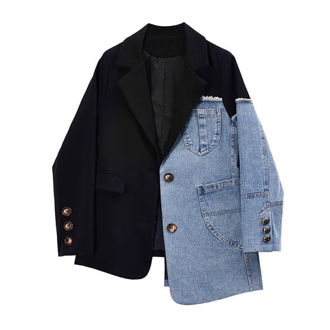 2023 Autumn Winter omen Korean Vintage Blazer Denim Patchwork Jackets Irregular Coat Women Long Sleeve Oversize Outerwear Suit