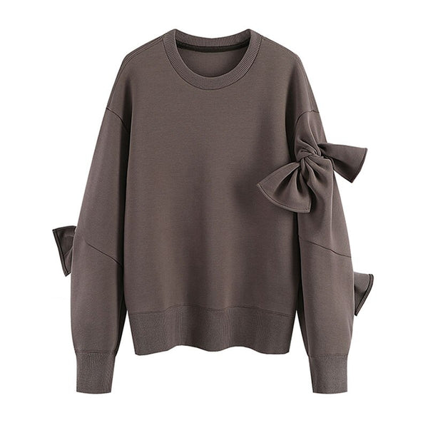 2023 Autumn Woman's Kawaii Bow Hoodies Oversize Female Crew Neck Coffee Loose Solid Casual Warm Women Long Sleeve Sweatshirts